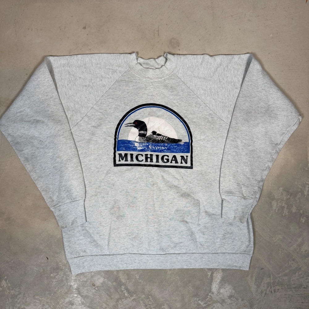 Vintage 90s Fruit of the Loom Michigan Loon Sweatshirt Grey XL Made in USA